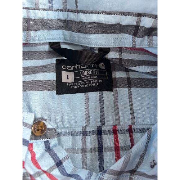Carhartt Blue red Plaid short sleeve Men's button up shirt Sz large Loose Fit - Picture 6 of 6
